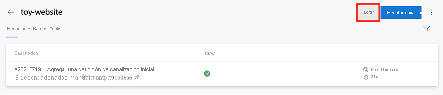 Captura de pantalla de Azure DevOps que muestra la canalización, con el botón Editar resaltado.