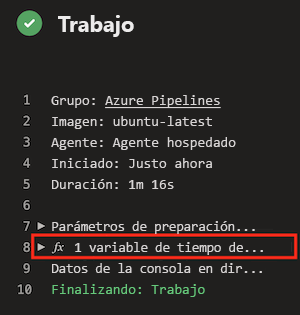 Captura de pantalla de Azure DevOps que muestra el registro de la canalización, con el elemento 