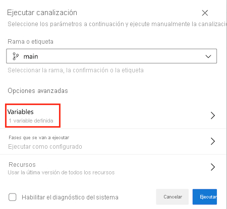 Captura de pantalla de Azure DevOps que muestra la página “Ejecutar canalización”, con la opción de menú Variables resaltada.