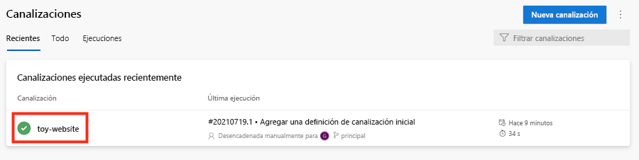 Captura de pantalla de Azure DevOps que muestra la lista de canalizaciones, con la canalización toy-website resaltada.