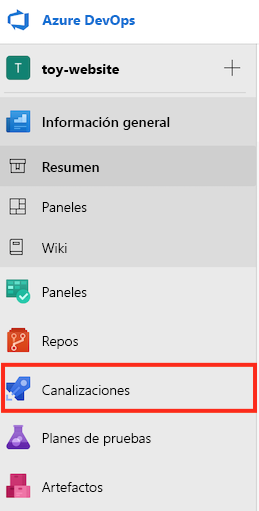 Captura de pantalla de Azure DevOps que muestra el menú, con Pipelines resaltado.