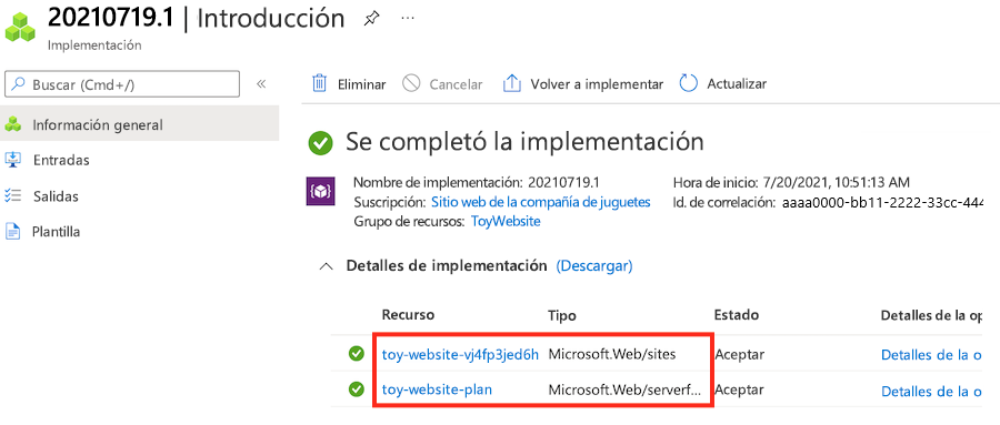 Captura de pantalla de Azure Portal que muestra los detalles de la implementación del grupo de recursos, con los recursos de App Service resaltados.