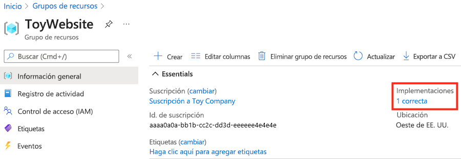 Captura de pantalla de Azure Portal que muestra el grupo de recursos con una implementación correcta.