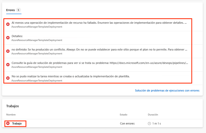 Captura de pantalla de Azure DevOps que muestra la ejecución de la canalización que ha dado error.