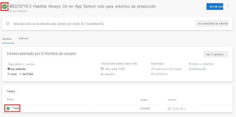 Captura de pantalla de Azure DevOps que muestra la ejecución de la canalización que ha funcionado correctamente.