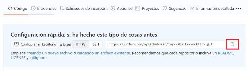 Screenshot of the GitHub interface showing the new empty repository, with the repository URL copy button highlighted.