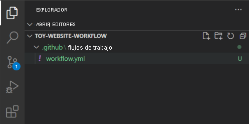 Screenshot of the Visual Studio Code Explorer, with the .github/workflows folder and the workflow.yml file shown.