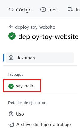 Screenshot of the GitHub interface showing the run details menu, with the say-hello job highlighted.