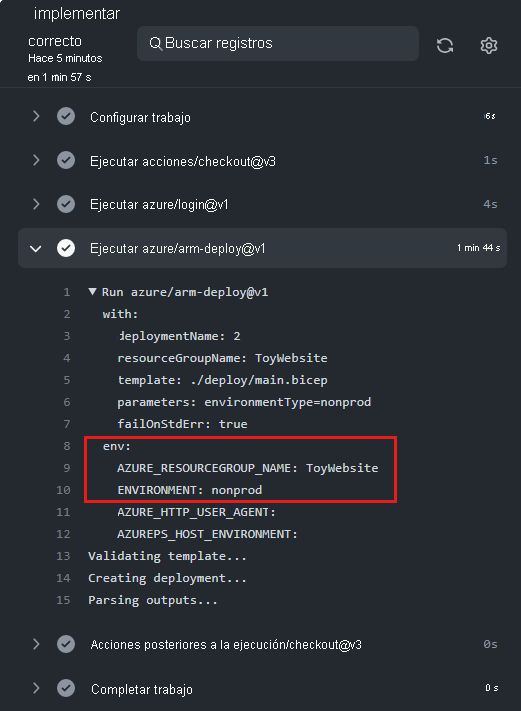 Screenshot of the GitHub interface showing the workflow log, with the 'environment variables' highlighted.