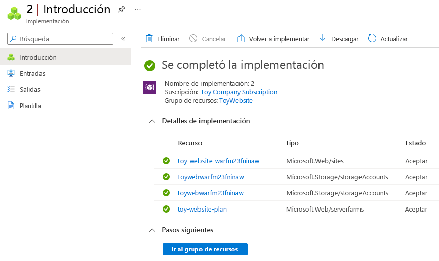 Screenshot of the Azure portal that shows the resource group deployment details, with the App Service resources highlighted.