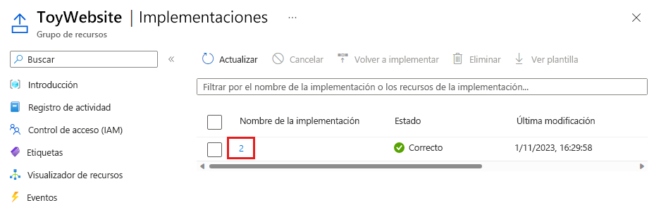 Screenshot of the Azure portal that shows the resource group deployment history, with the deployment highlighted.