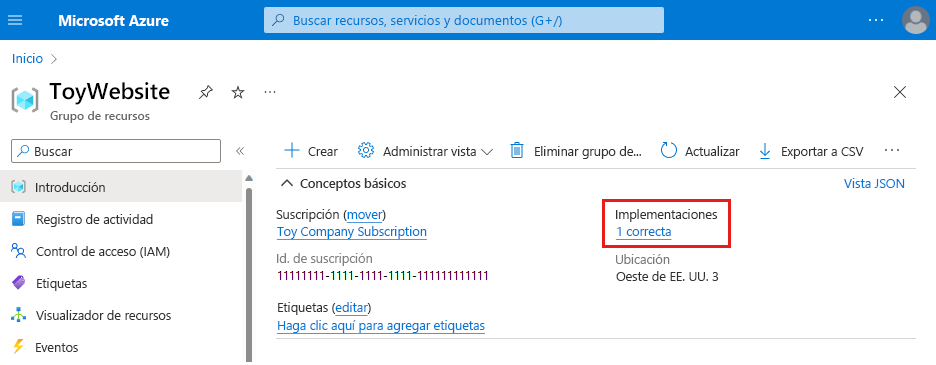 Screenshot of the Azure portal that shows the resource group with one successful deployment.