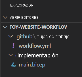 Screenshot of the Visual Studio Code Explorer, with the main dot bicep file highlighted and located in the deploy folder.