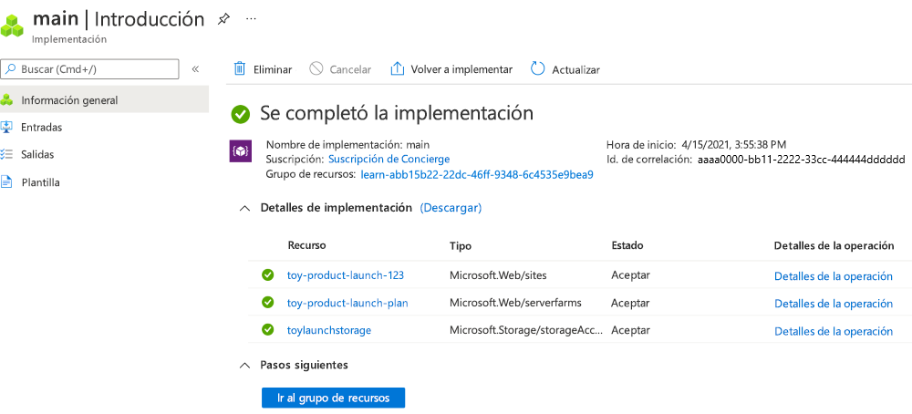 Captura de pantalla en la que se muestra la interfaz de Azure Portal para la implementación concreta. Se indican la cuenta de almacenamiento y los recursos de App Service.