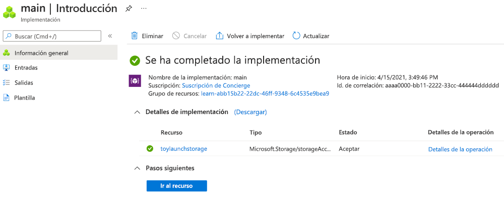 Captura de pantalla de la interfaz de Azure Portal de la implementación específica, con un recurso de cuenta de almacenamiento enumerado.