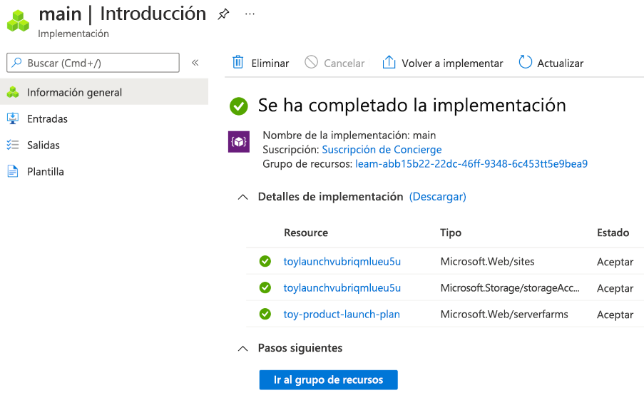 Captura de pantalla de la interfaz de Azure Portal para la implementación concreta. Se indican la cuenta de almacenamiento y los recursos de App Service con nombres generados.