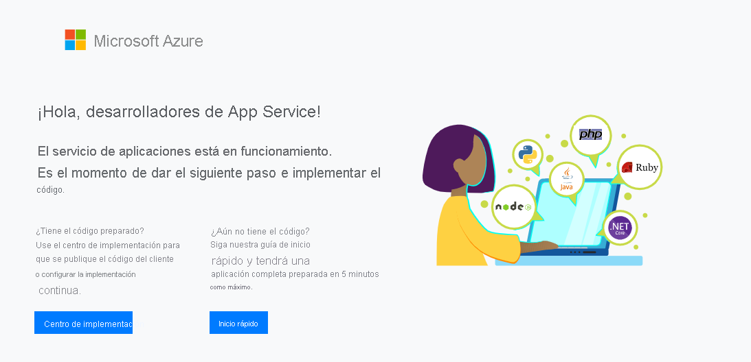 Captura de pantalla de la página principal predeterminada de App Service.