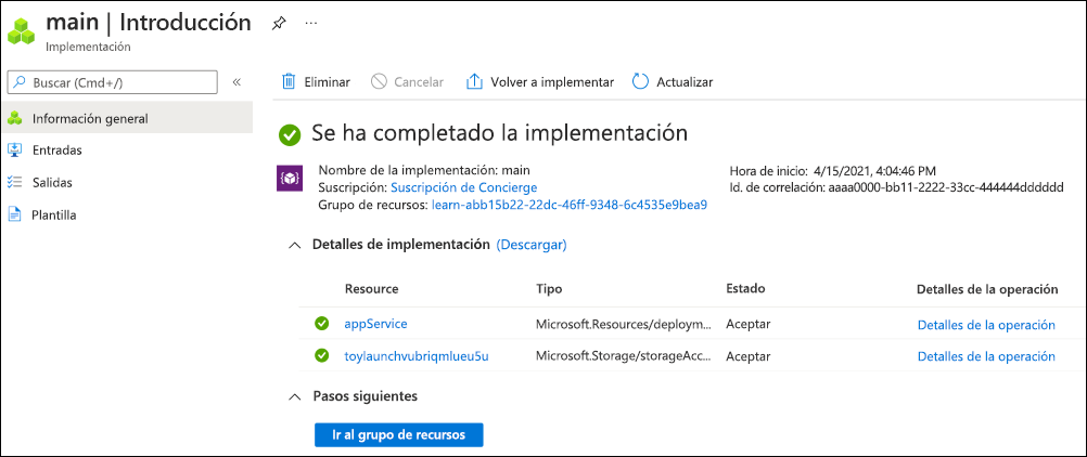 Captura de pantalla de la interfaz de Azure Portal de la implementación específica, con un recurso enumerado.