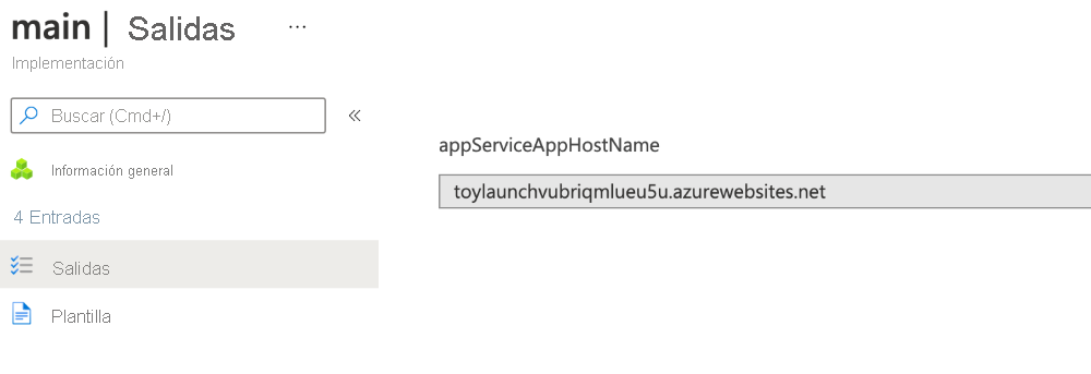Captura de pantalla de la interfaz de Azure Portal de las salidas de la implementación específica.