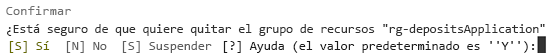 Captura de pantalla que muestra una confirmación de la línea de comandos para eliminar el grupo de recursos mediante Azure PowerShell.