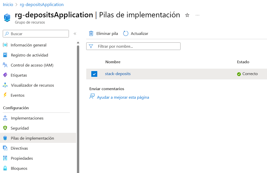 Captura de pantalla de Azure Portal que muestra la configuración de un grupo de recursos y dónde buscar pilas de implementación.