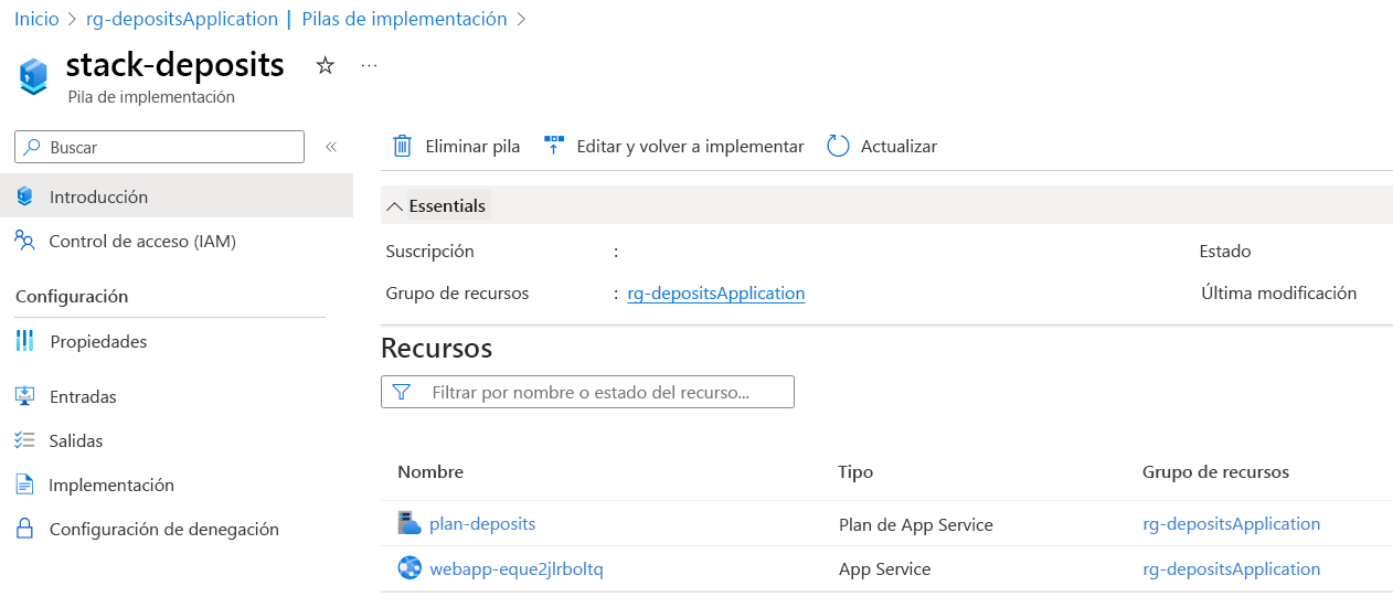 Captura de pantalla de Azure Portal en la que se muestran las propiedades de una pila de implementación, incluidos sus recursos administrados.