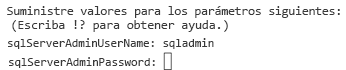 Captura de pantalla que muestra la línea de comandos de Azure PowerShell que le pide que escriba una contraseña de administrador de SQL Server.