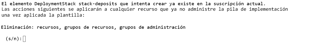 Captura de pantalla que muestra la línea de comandos de la CLI de Azure que indica que la pila de implementación ya existe.