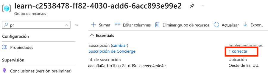 Captura de pantalla del panel de información general del grupo de recursos en Azure Portal, con detalles adicionales de la implementación correcta.