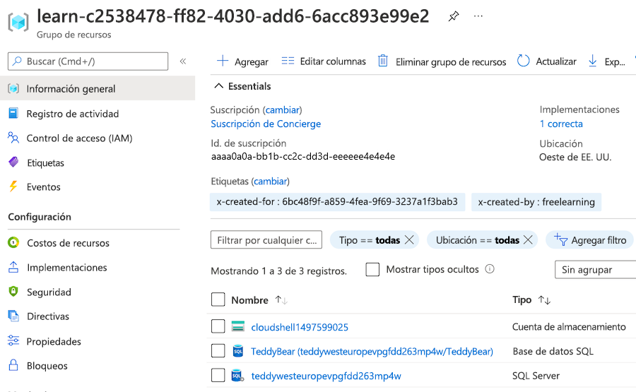 Captura de pantalla del panel de información general del grupo de recursos en Azure Portal, con una sección que muestra una implementación correcta.