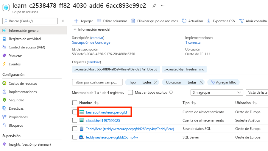 Captura de pantalla del panel de información general del grupo de recursos de Azure Portal, que muestra que se ha implementado una cuenta de almacenamiento para la auditoría.