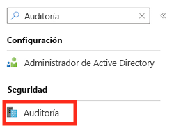 Captura de pantalla de la interfaz del servidor lógico en Azure Portal, que muestra el campo de búsqueda con Auditoría especificada.