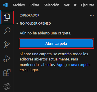 Captura de pantalla del botón de abrir carpeta de Visual Studio Code