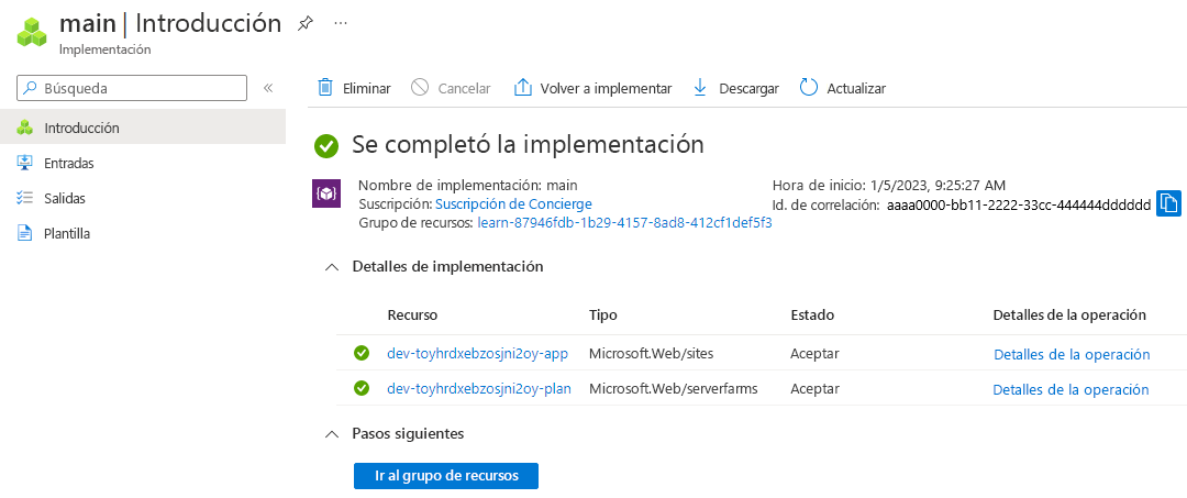 Captura de pantalla de la interfaz de Azure Portal de la implementación específica, con una aplicación y un plan de App Service mostrados.