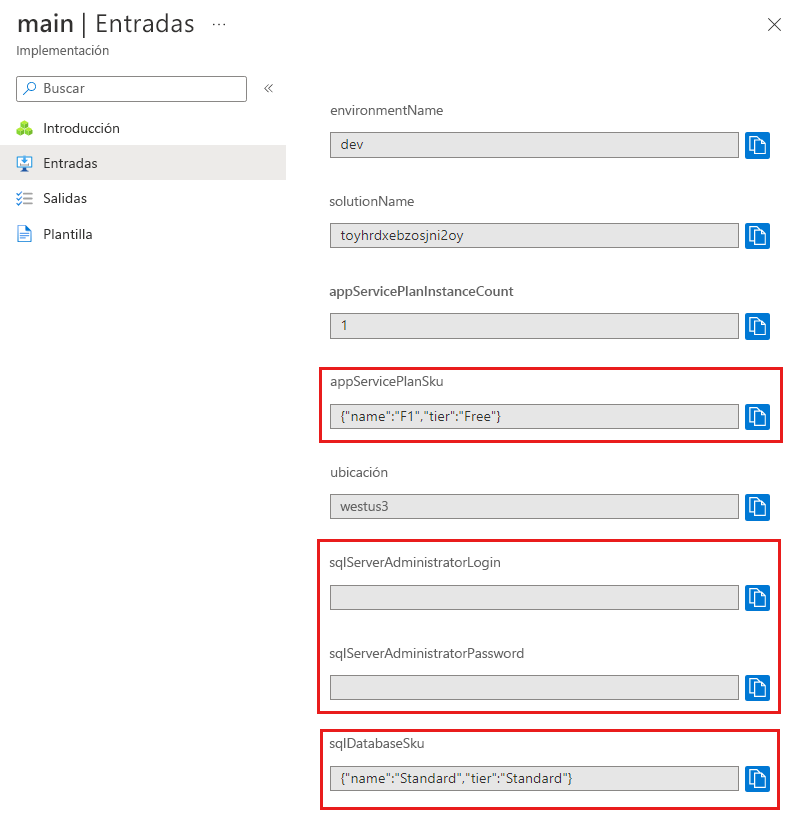 Captura de pantalla de la interfaz de Azure Portal de la implementación específica, donde se muestran los valores de parámetros.