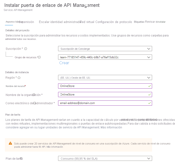 Captura de pantalla en la que se muestra la configuración de un servicio API Management.