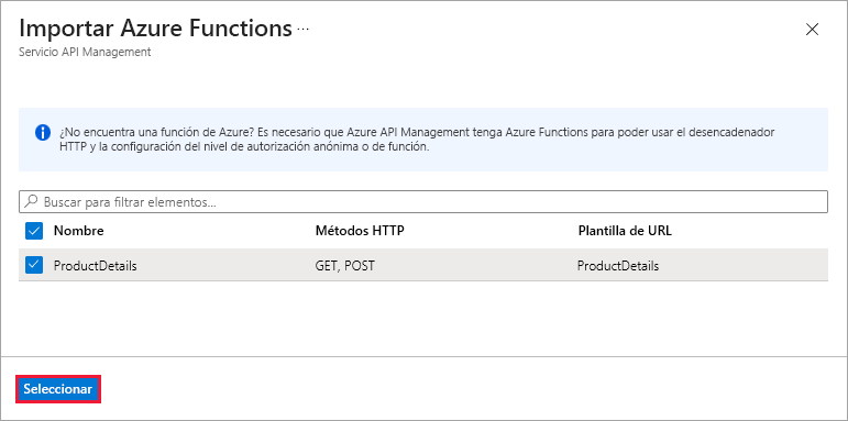 Captura de pantalla en la que se muestra el panel Importar Azure Functions del servicio API Management.