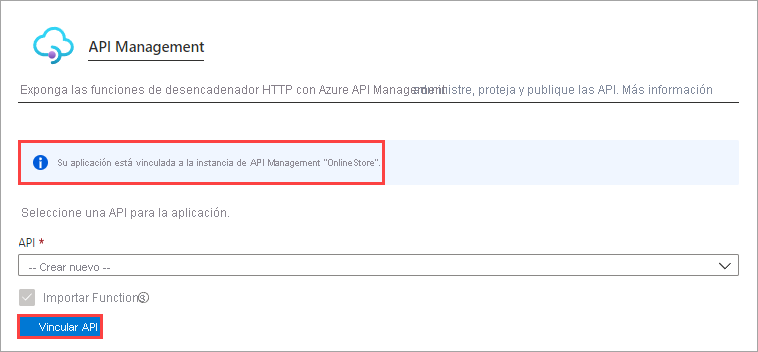 Captura de pantalla de API Management con el botón Vincular API resaltado.