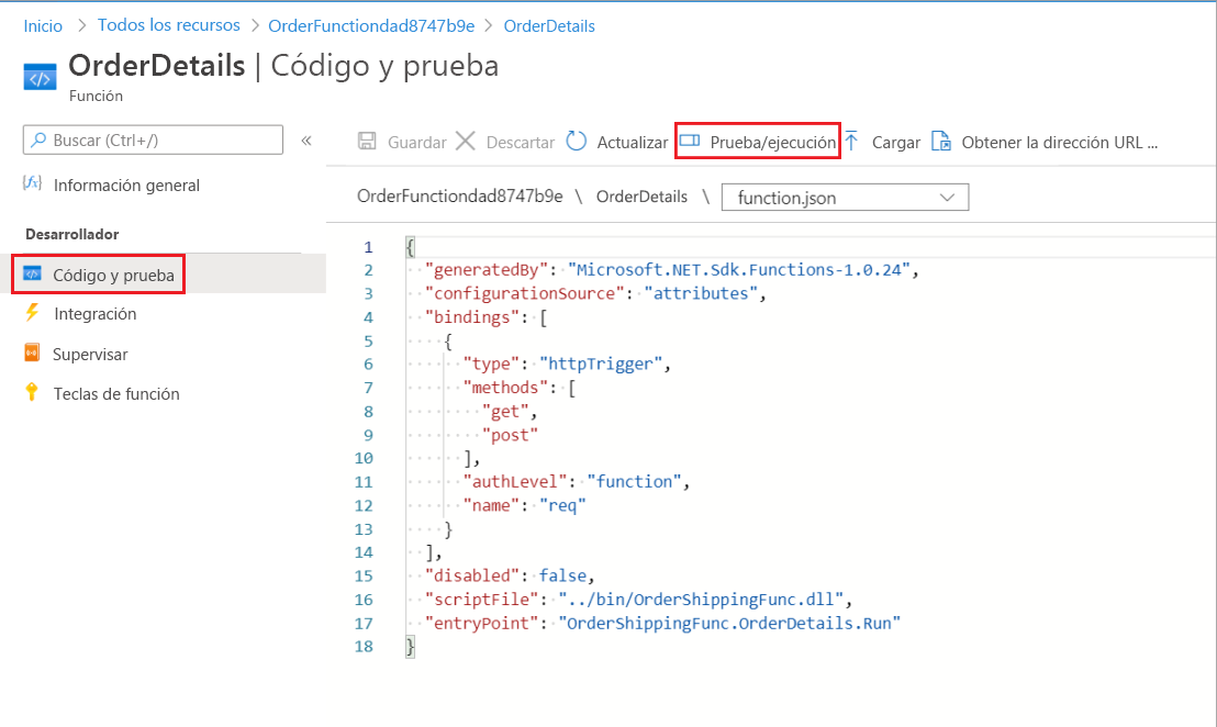 Código JSON de OrderDetails, con Código y prueba en el menú, y Probar/ejecutar en la barra de comandos resaltados.