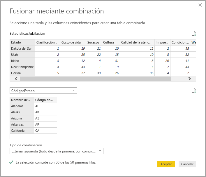 Cuadro de diálogo Combinar