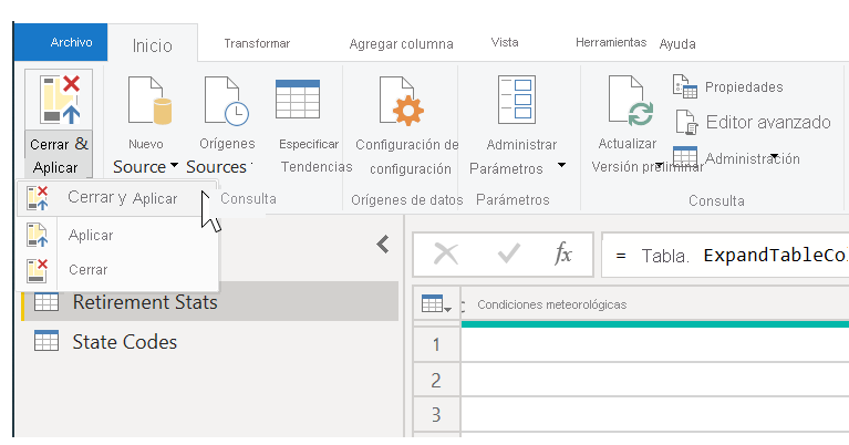 Cerrar y aplicar la configuración de datos