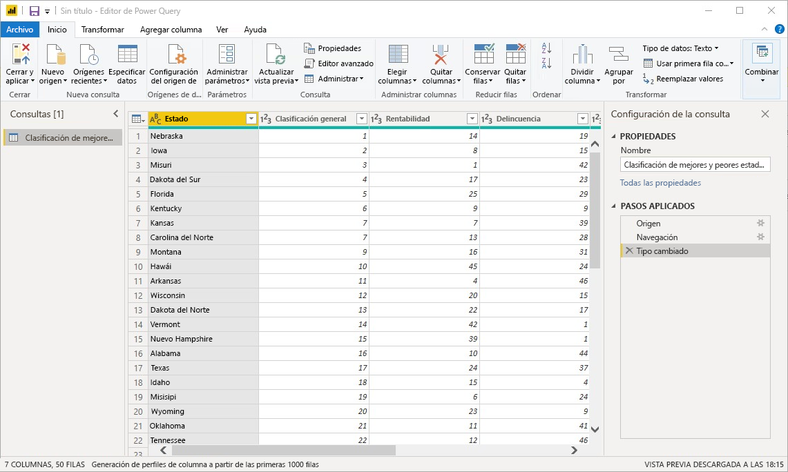 Ventana del Editor de Power Query