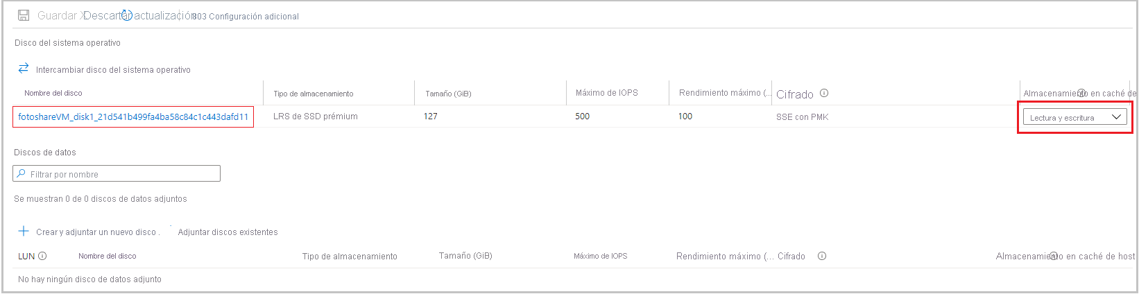 Screenshot of the Azure portal showing the Disks section of a VM pane, with the OS disk shown and set to Read-only caching.