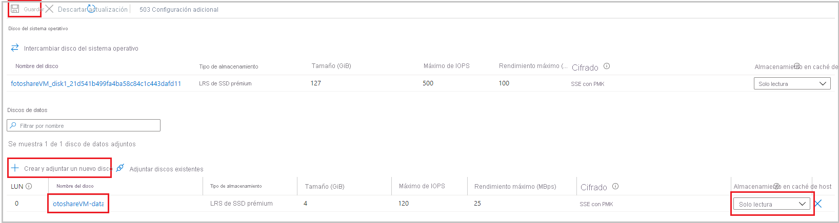 Screenshot of our OS and data disks, both set to Read-only caching.