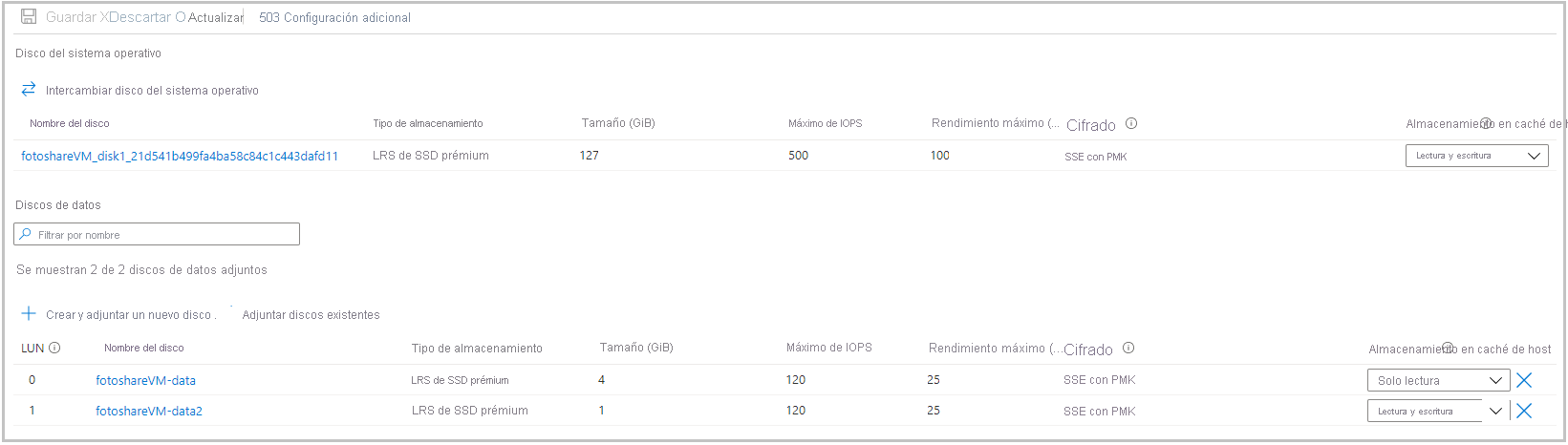 Screenshot of the Azure portal showing the Disks section of our VM pane with two data disks.