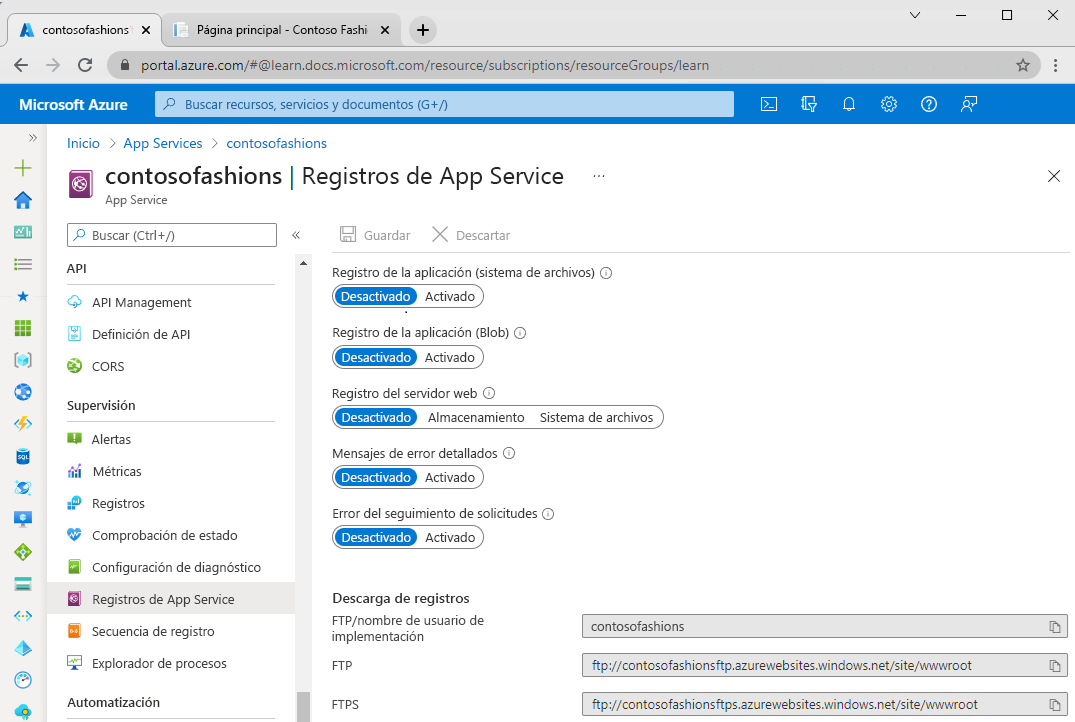 Captura de pantalla del panel Registros de diagnósticos de Azure Portal