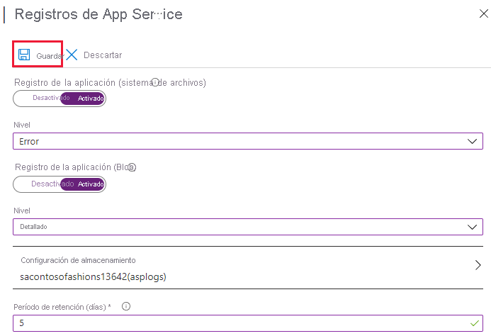 Captura de pantalla de la configuración de registros de aplicación en Azure Portal, con el botón Guardar resaltado.