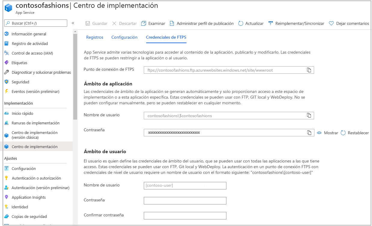 Captura de pantalla del panel Centro de implementación de App Service en el que se muestra la pestaña FTPS credentials (Credenciales de FTPS).