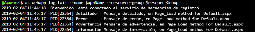 Captura de pantalla del panel Secuencia de registro en directo de Azure Portal en el que se muestra la salida del contenedor de registros asp.