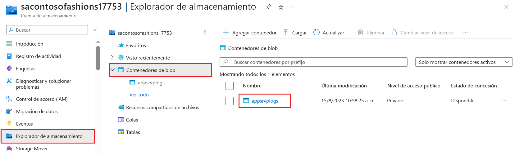 Captura de pantalla del Explorador de almacenamiento para descargar registros de aplicaciones de Windows desde contenedores de blobs.